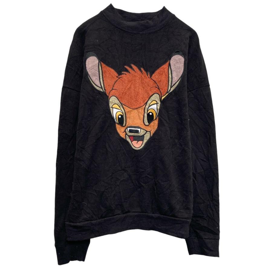 希少　良デザイン　90s ディズニー　バンビ　刺繍デザインスウェット　ファリーン Bambi プリント スウェット トレーナー バンビ M ブラック