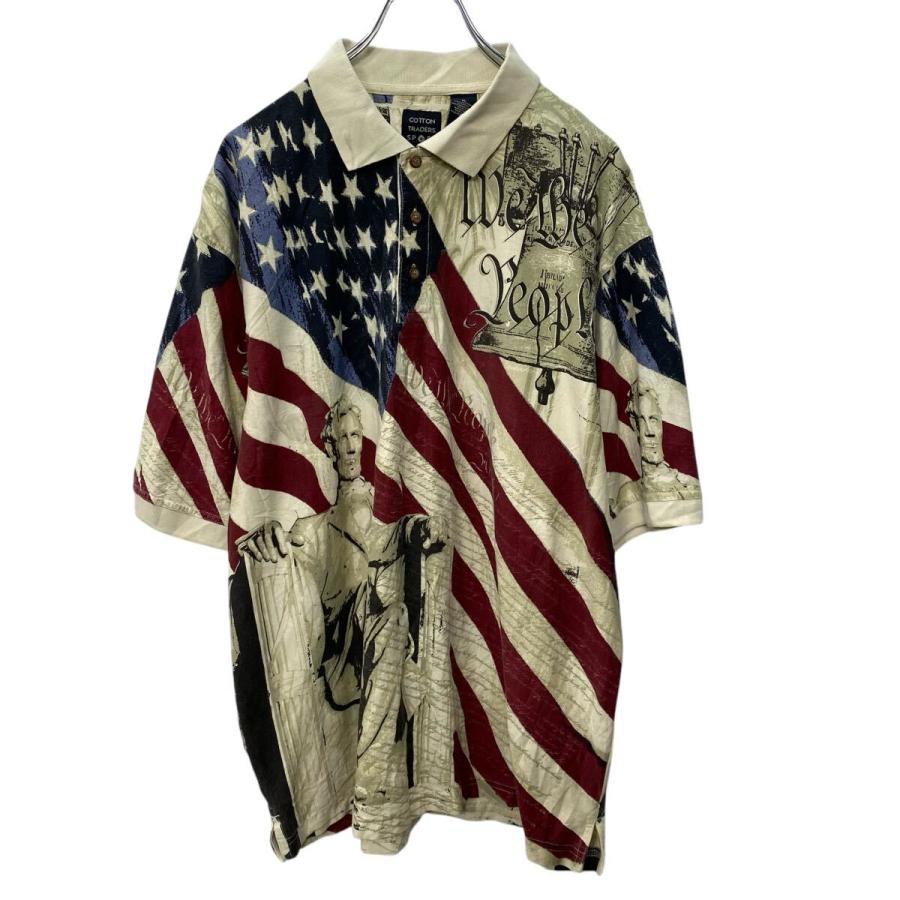 COTTON TRADERS SPORT 半袖 ポロシャツ XL ライトベージュ 星条旗 総柄 