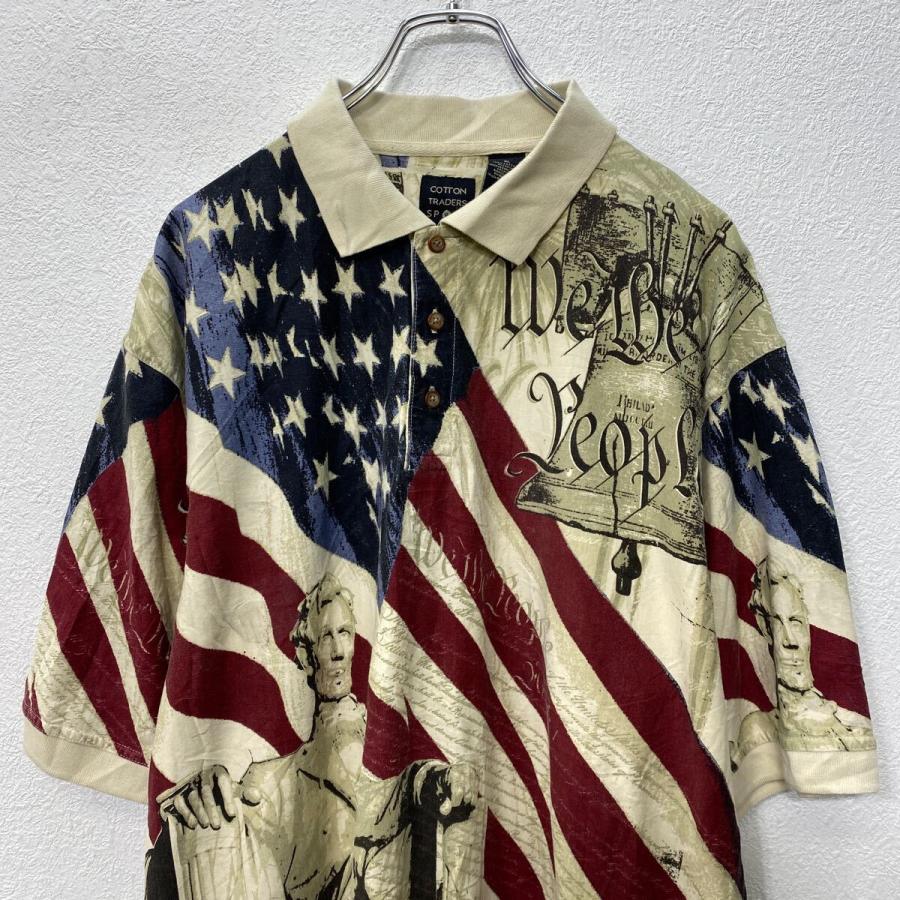 COTTON TRADERS SPORT 半袖 ポロシャツ XL ライトベージュ 星条旗 総柄 