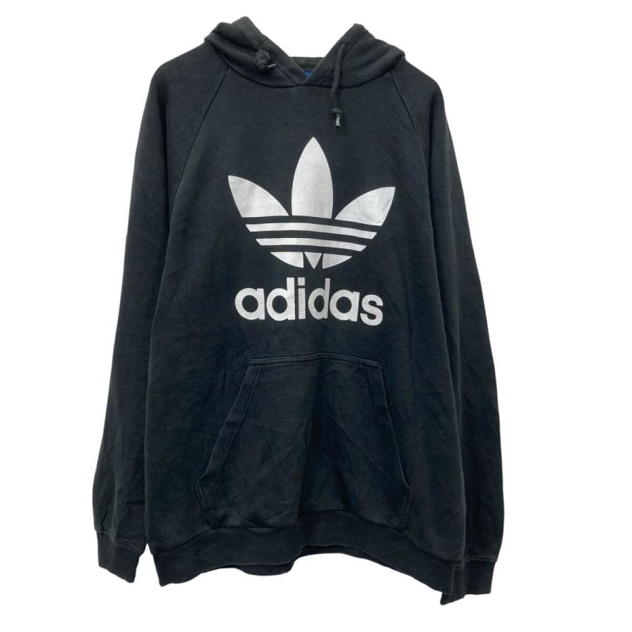 adidas プリントスウェット パーカー L ブラック ホワイト アディダス