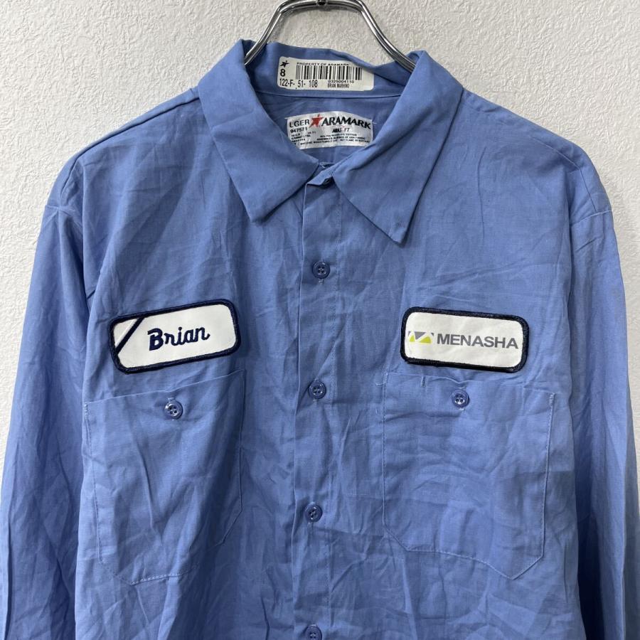ARAMARK 長袖 ワークシャツ L ブルー ワッペン 胸ポケット 長袖シャツ