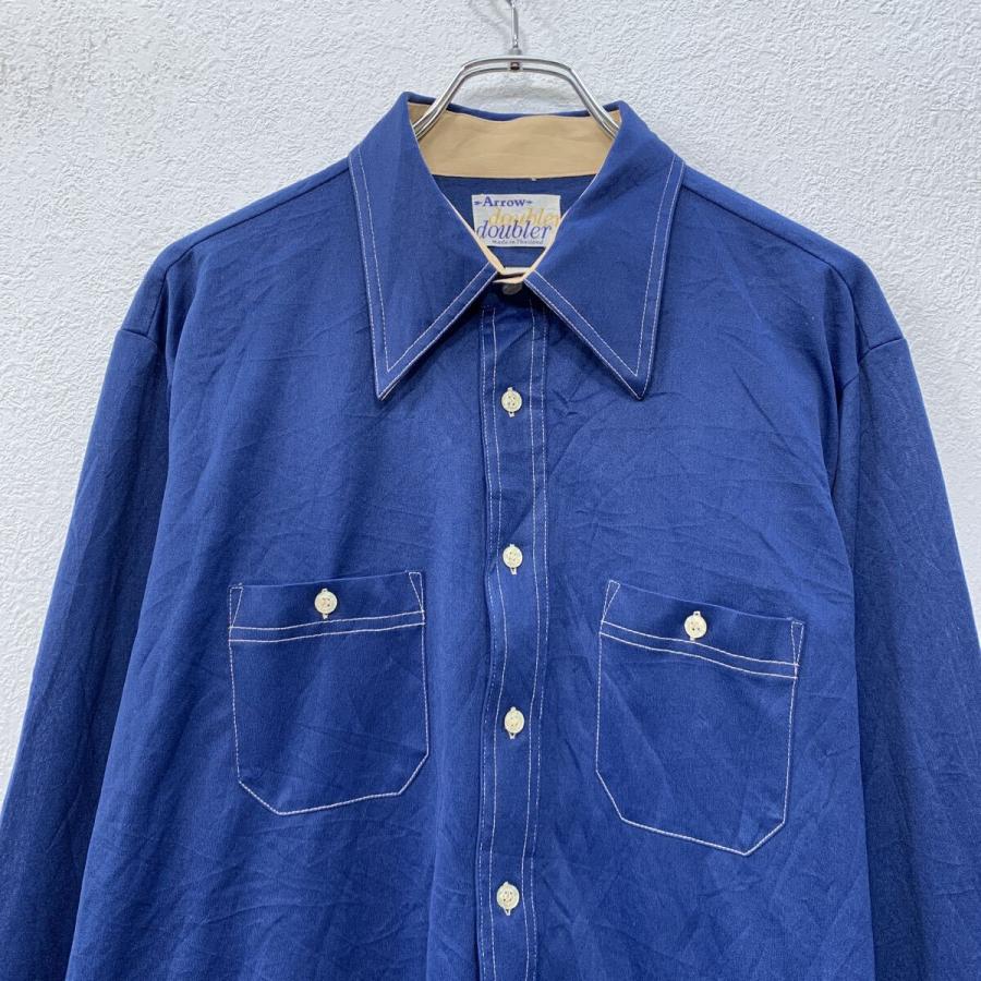 70s Arrow 長袖 無地シャツ XL ブルー アロー ボタン 70年代 ロング