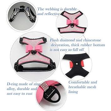 FUNAT ラインストーン付き反射犬用ハーネス， かわいいキラキラしたネクタイ犬のハーネス犬の鎖，(ピンク) 