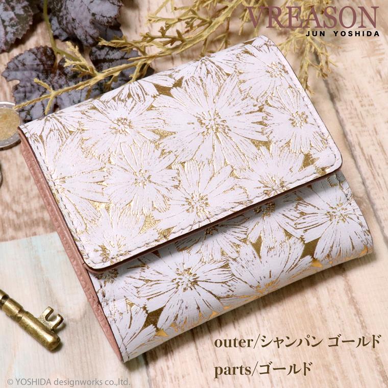 VREASON 二つ折り財布 ボックス 日本製 本革 デイジー 花柄 VREASON 二つ折り財布 ボックス 日本製 本革 デイジー 花柄