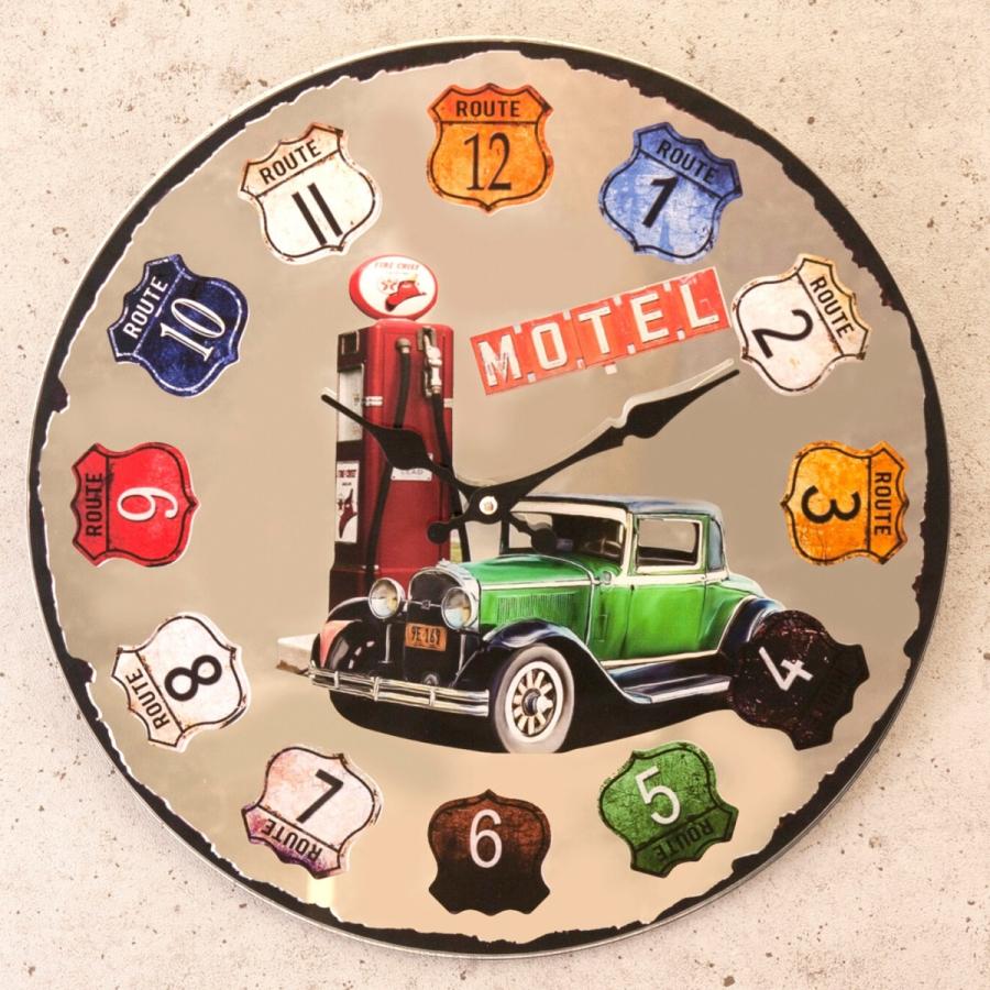 アメリカン アンティーク風 ミラー ウォールクロック 時計 Route66 (GREEN Historic Car) 掛け時計 グッズ 雑貨