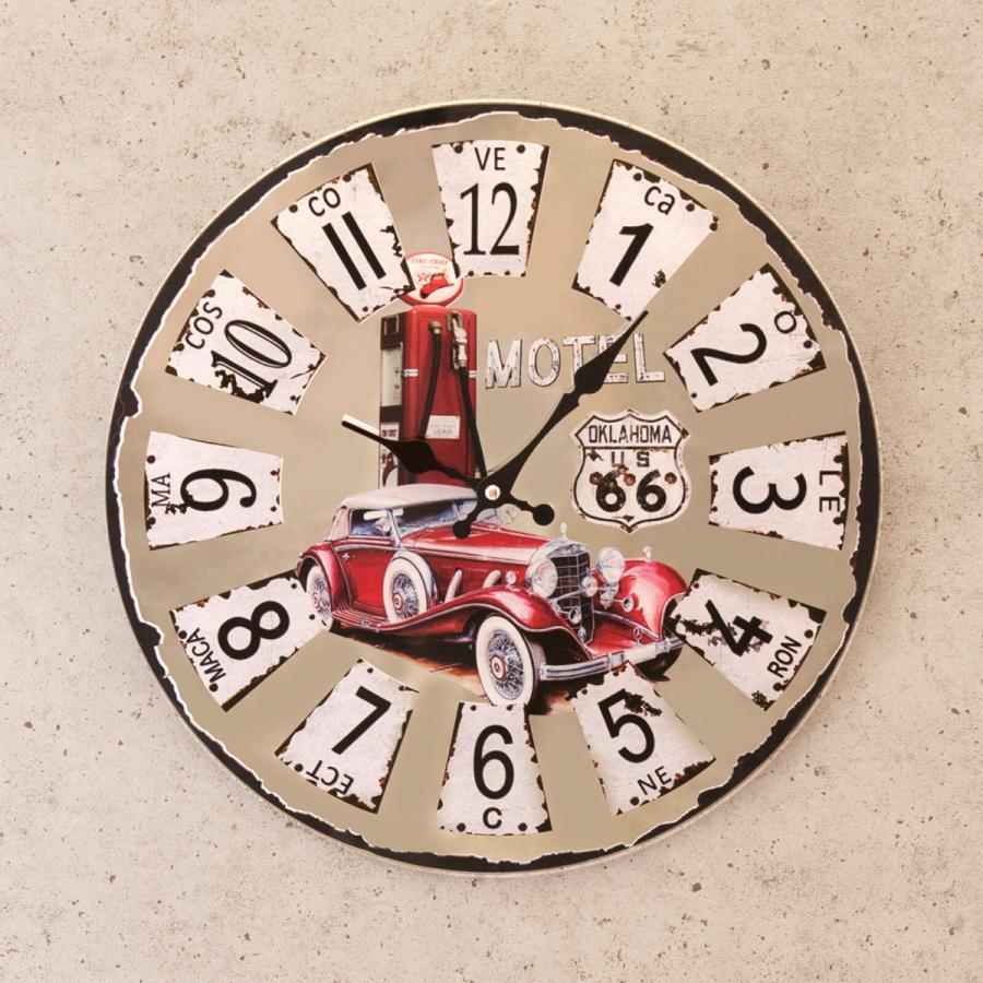 アメリカン アンティーク風 ミラー ウォールクロック 時計 Route66 (RED Historic Car) 掛け時計 グッズ 雑貨 アメ