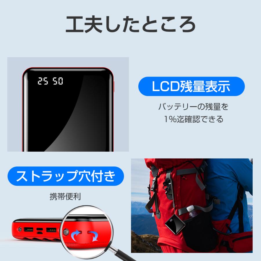 モバイルバッテリー 軽量 小型 大容量 20000mAh 残量表示 ケーブル内蔵