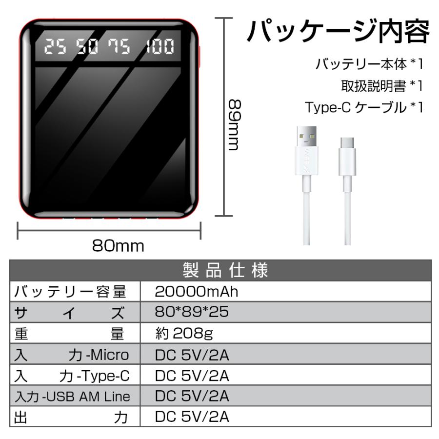 モバイルバッテリー 軽量 小型 大容量 20000mAh 残量表示 ケーブル内蔵