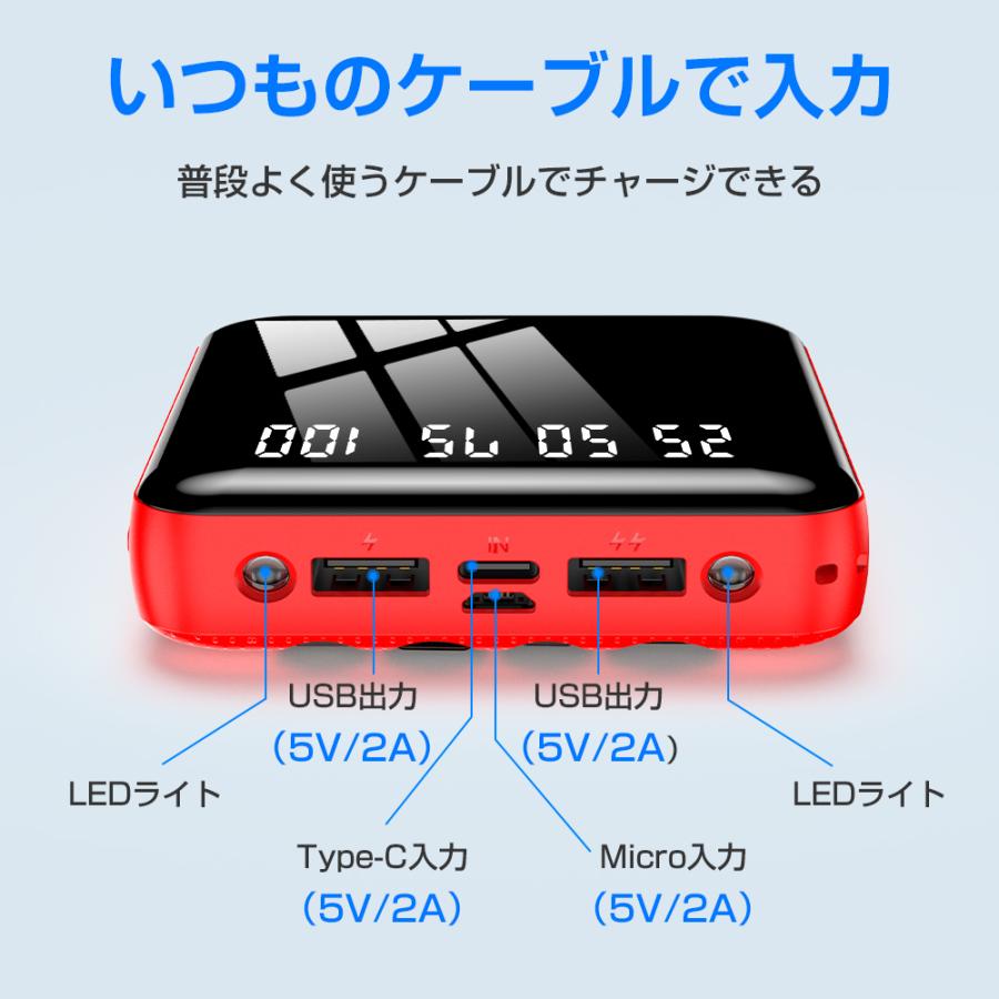 モバイルバッテリー 軽量 小型 大容量 20000mAh 残量表示 ケーブル内蔵