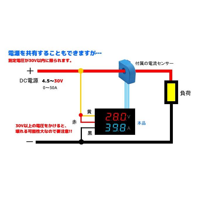 デジタル電圧計＆電流計 DC 100V 50A 赤V＆青A 電流センサー付き 双方 ...