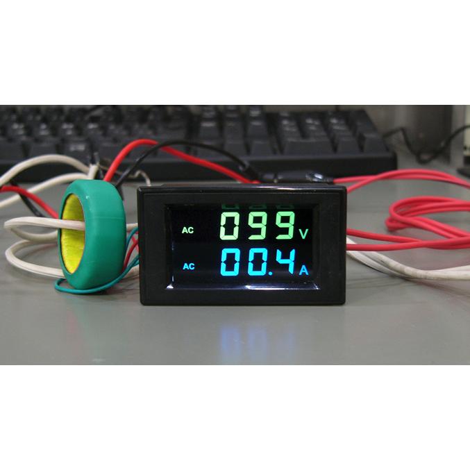 交流デジタル電圧計＆電流計 AC 80-300V 200A 緑V＆青A 裏カバー付き