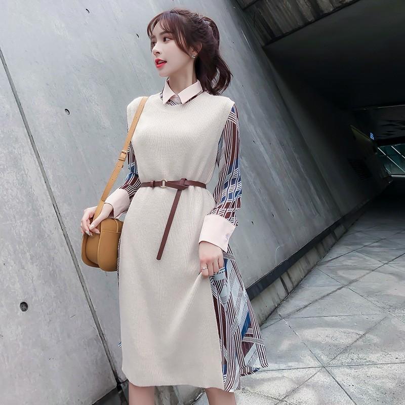 シャツワンピース ニットベスト2点セット レディース ブラウスワンピース プリント きれいめ 30代 40代 秋服 冬 ベージュ キャメル タイト ミディアム丈 膝丈 Rait Vsmile 通販 Yahoo ショッピング