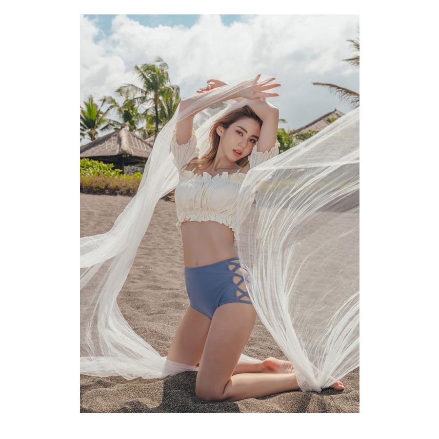 水着 レディース ビキニ ハイウエスト オープンショルダー レースアップ 可愛い 大人 フリル 白 青 Y Vsmile 通販 Yahoo ショッピング