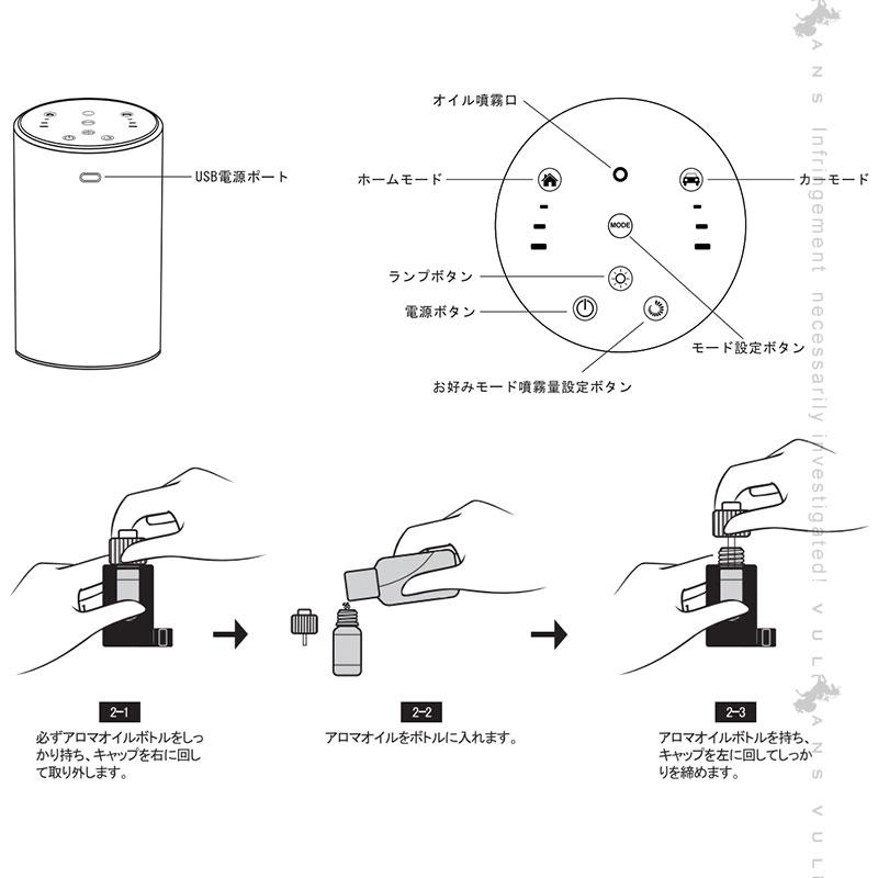 Vulcans USB Type-C給電式 アロマディフューザー 10MLボルト付き 水