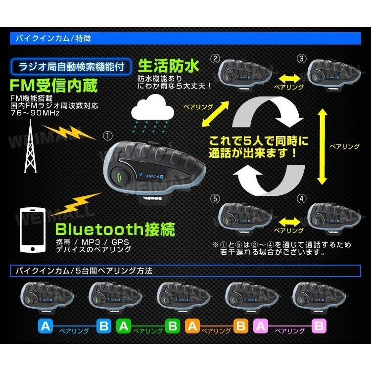バイクインカム 5台セット インターコム Bluetooth 5人通話可能 V8 ハンドル用リモコン付 1200m通話可能 ツーリング ワイヤレス ヘッドセット 6ヵ月保証付｜w-class｜03