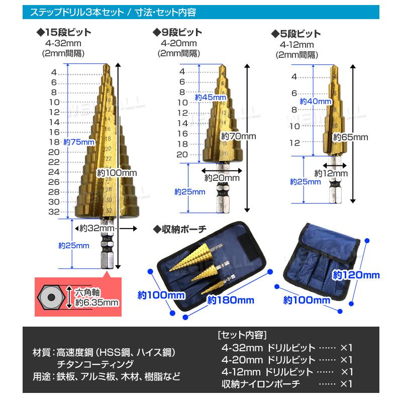 スパイラル ステップドリル 3本セット 六角軸 チタン スパイラル ステップドリル 3本セット 六角軸 チタン