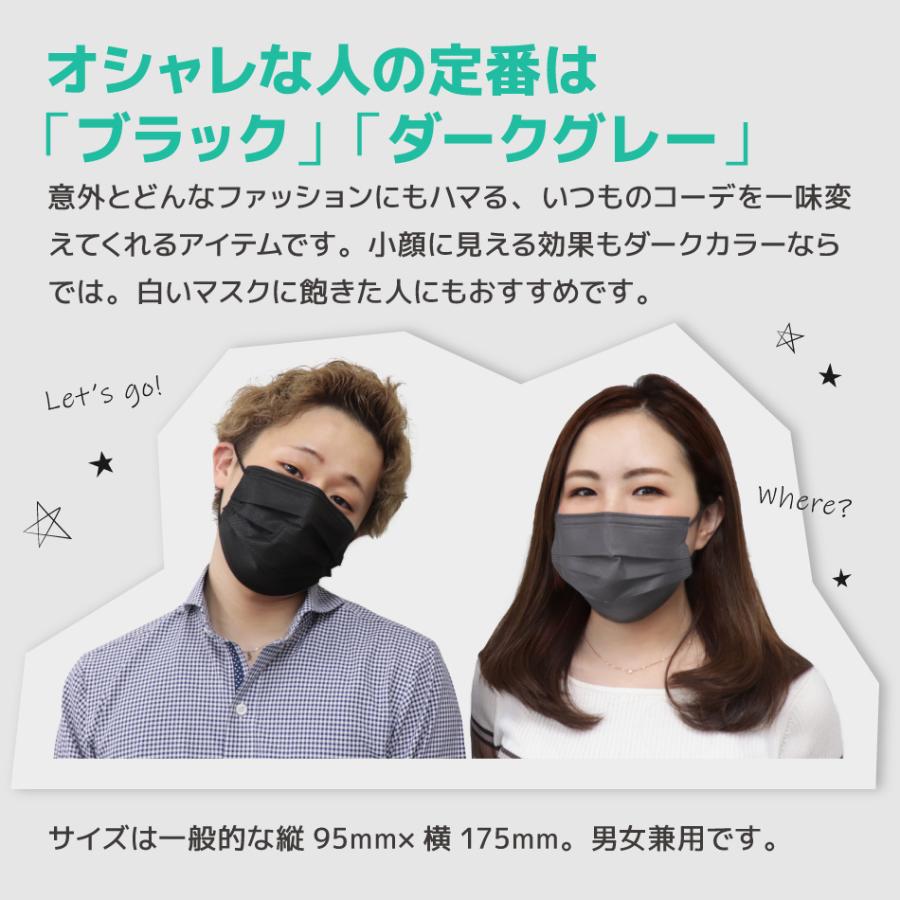 不織布 マスク 50枚 4mm平ゴム 99%カット 両面同色 カラーマスク ブラック ダークグレー 3層構造 やわらかマスク 黒 メルトブローン不織布 耳紐も同色 WEIMALL｜w-class｜06