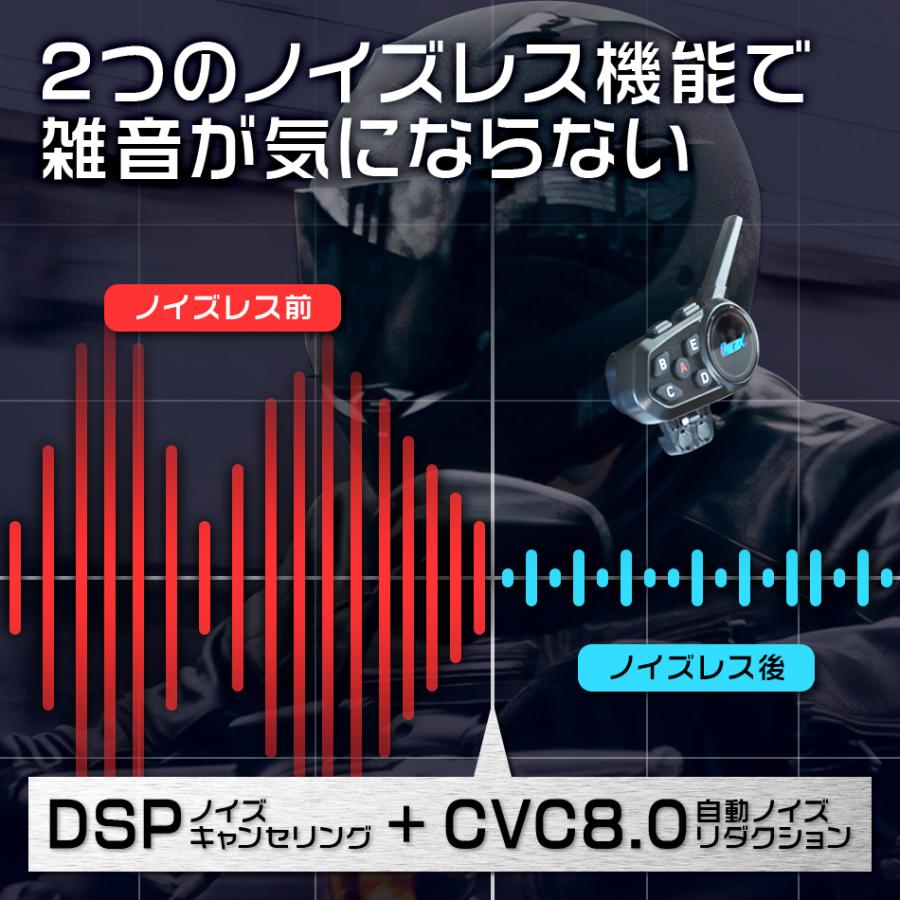 インカム 2台 バイク インターコム Bluetooth 6台同時接続 1000m通話 防滴 ツーリング ワイヤレス 音楽再生 バイク用品 ヘッドセット durax 半年保証 WEIMALL｜w-class｜08