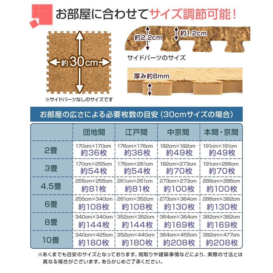 コルクマット 108枚セット 小判30cm 約6畳 ジョイントマット クッションマット サイドパーツ付き 防音 断熱 床暖房対応 WEIMALL｜w-class｜11