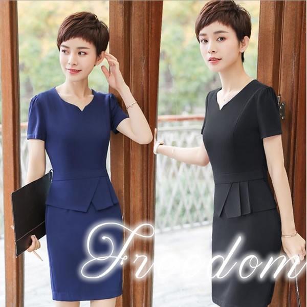 セール Ol ワンピース 制服 ビジネスワンピ リクルート 就職活動 ウエストフレア使いがキュートなタイトライン半袖ドレスワンピース S M L 2l 3l 4l 5l サイズ Pymr Go Th