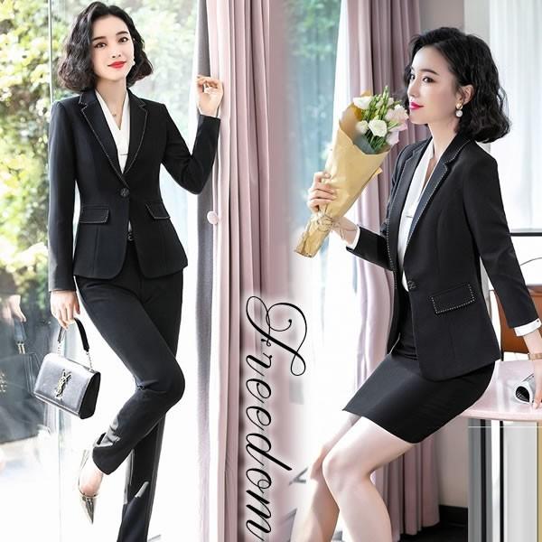 スーツ Ol オシャレ お出かけ 卒業式 入学式 パンツスタイル スカートスタイルの4点セット ステッチ使いジャケットレディーススーツ S M L サイズ セール Proyabloko Pro