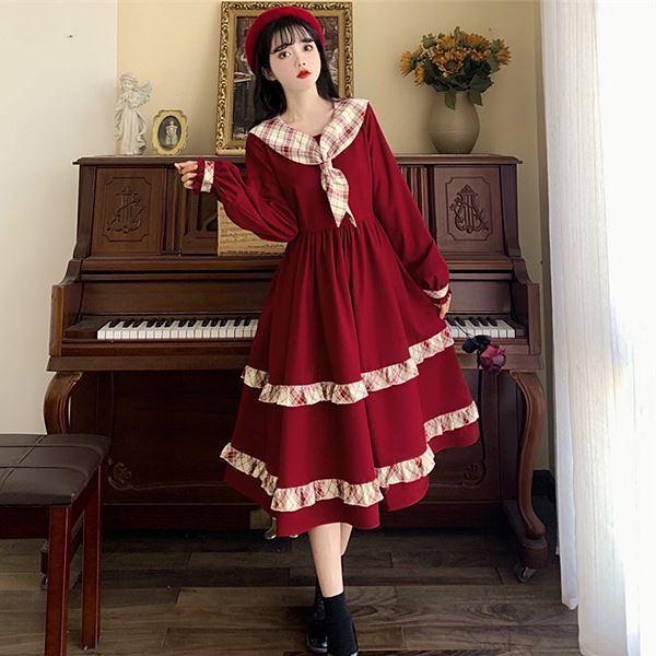 大きいサイズ お嬢様 ワンピース コスプレ 衣装 レトロロリータ チエック柄セーラー襟フリル切替ロリータお嬢様ワンピース L 2l 3l 4l 5l サイズ セール