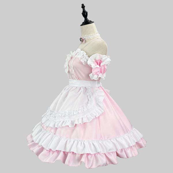 ディーラー様カーテンエプロンメイド服浅葱×ピンク CALULUさま MDD用 大きいサイズ メイド コスプレ コスチューム 衣装 エプロン メイド服