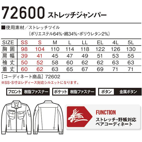 作業服 上下セット 自重堂 ジードラゴン Z-DRAGON ジャンパー 72600 SS-LL ＆ ノータックカーゴパンツ 72602 L59cm-88cm 秋冬 ストレッチ 作業着 ユニセックス｜w-shokai｜03