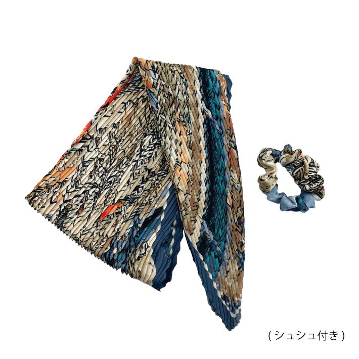 プリーツポイントスカーフ 40×100 シュシュ付き スカーフ 首元 日焼け