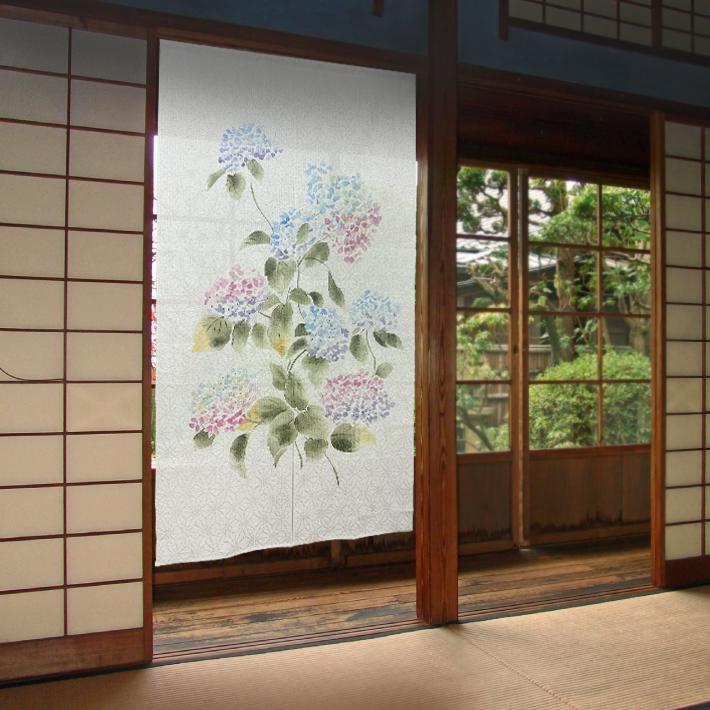 のれん 手描き 紫陽花 85×150cm 和風 和柄 花柄 あじさい 綿麻混 のれん 手描き 紫陽花 85×150cm 和風 和柄 花柄 あじさい 綿麻混
