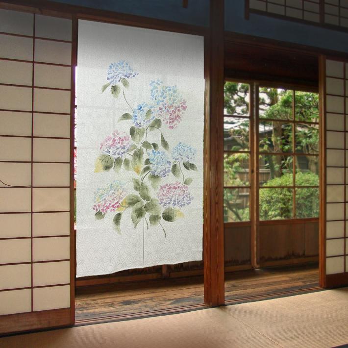 のれん 手描き 紫陽花 85×150cm 和風 和柄 花柄 あじさい 綿麻混 おしゃれ 暖簾 部屋 和室 間仕切り 模様替え 目隠し 綿 麻 【メール便】｜w-style-interior｜02