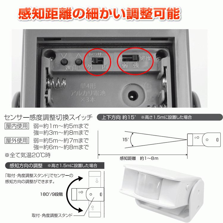 ワイヤレスチャイム 人感センサーチャイムセット アダプターオマケ付き 来客 防犯アラーム  送料無料｜w-yutori｜09