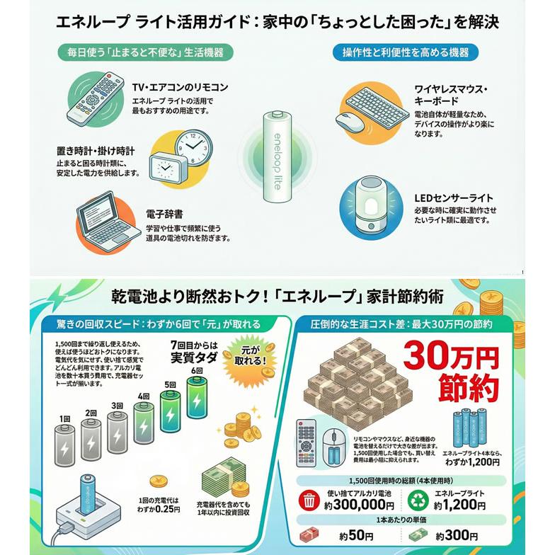 エネループ ライト 充電池 単3 単4 4本とUSB充電器セット BQ-CC61 BK