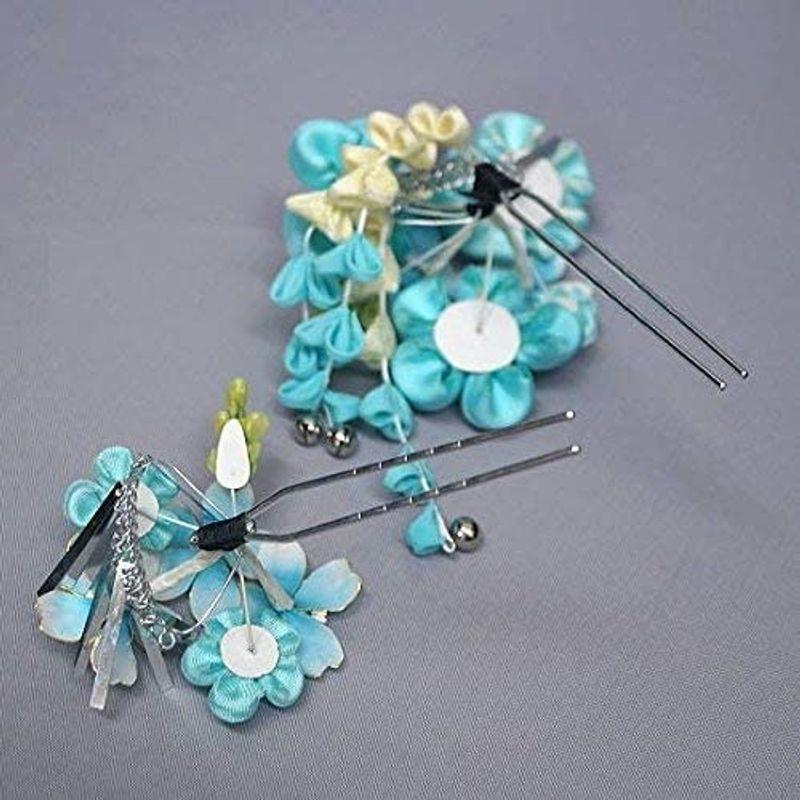 髪飾り ２点セット ブルー 水色 花 かんざし つまみ細工 振袖 成人式 