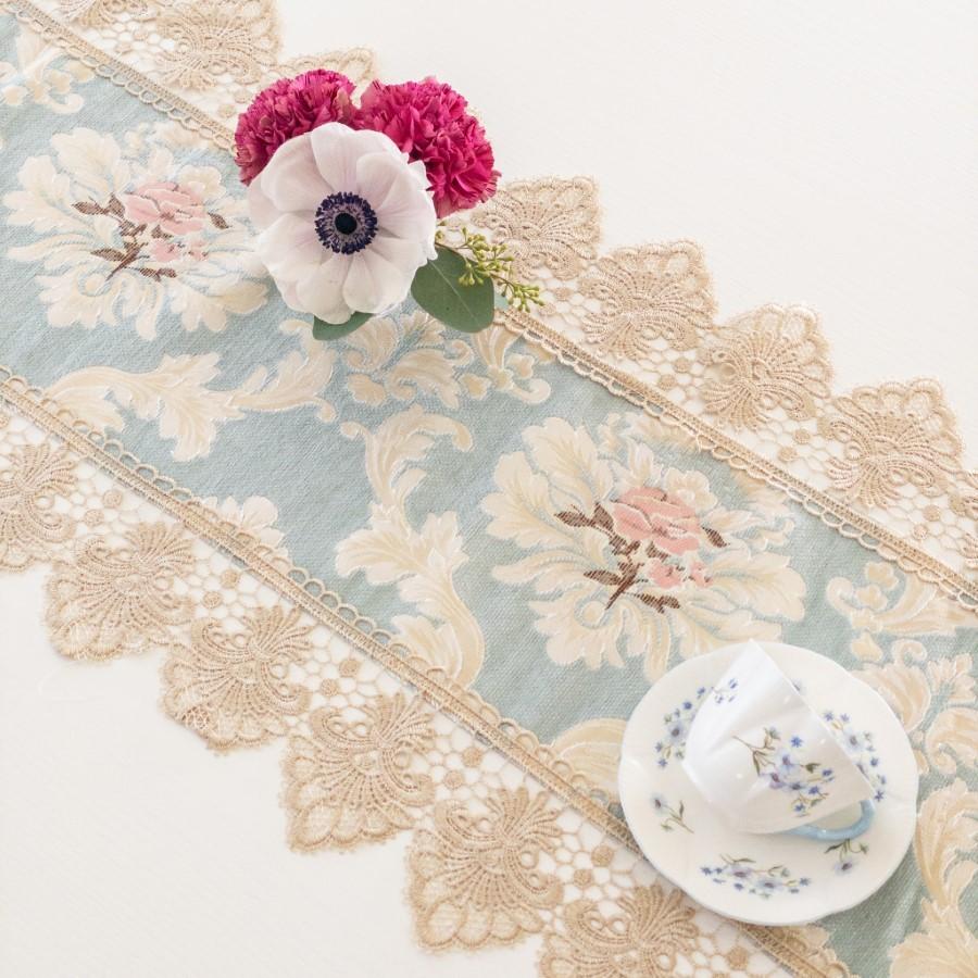 テーブルランナー おしゃれ 青 ブルー 40×180 布 花柄 バラ 刺繍
