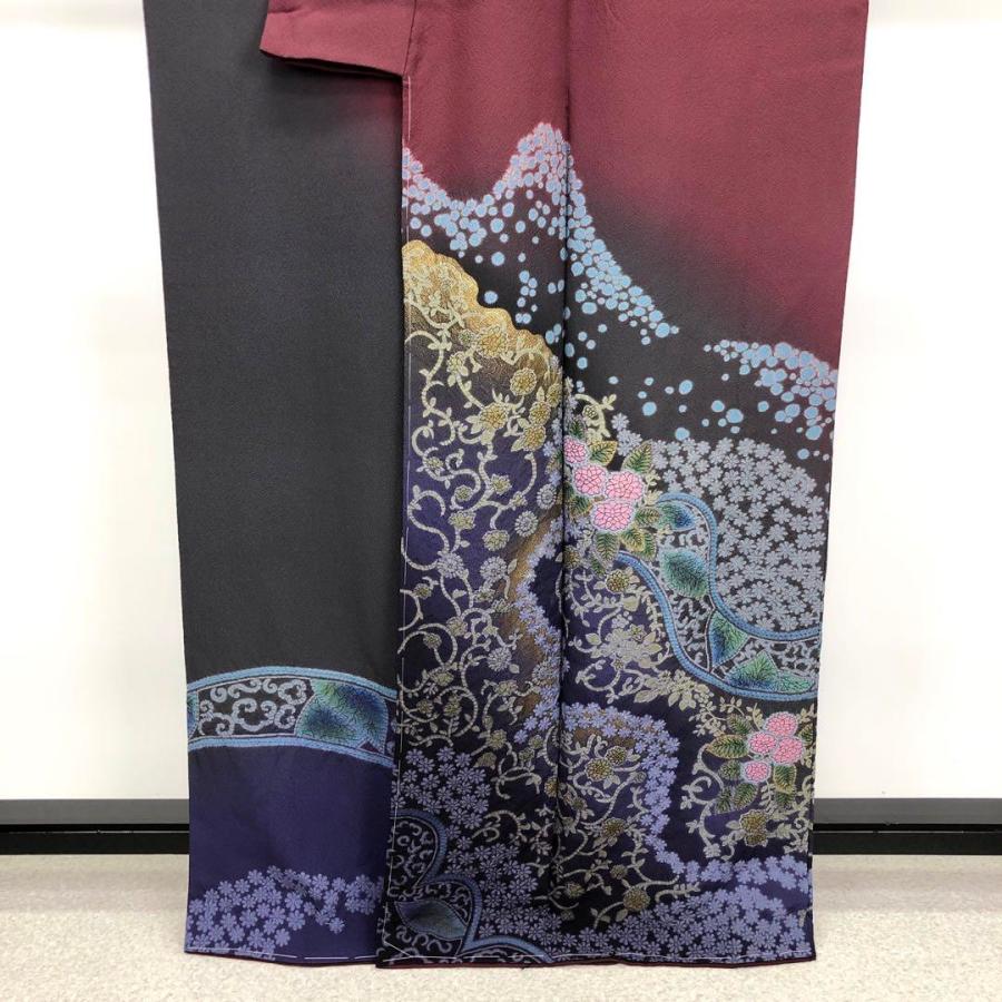 訪問着 美しい絞り染模様 花唐草模様 赤紫色 金彩 トールサイズ