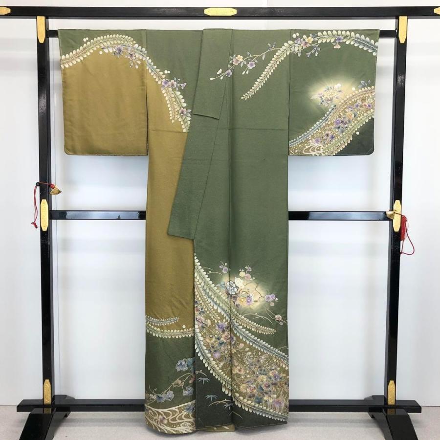 訪問着 豪華花柄絞り 鳥 金通しに地模様 岩井茶色 しつけ糸 K-