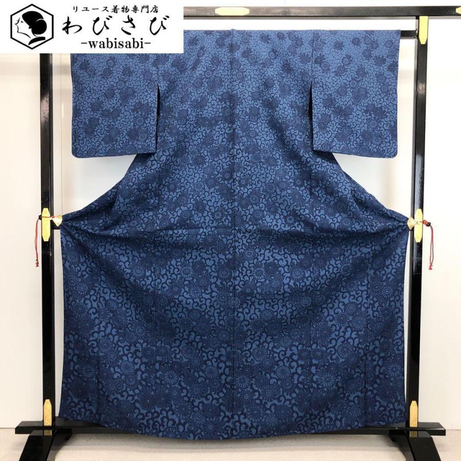 単衣 小紋 型染 菊の花 唐草模様 藍御納戸色 K-3619 【公式通販】