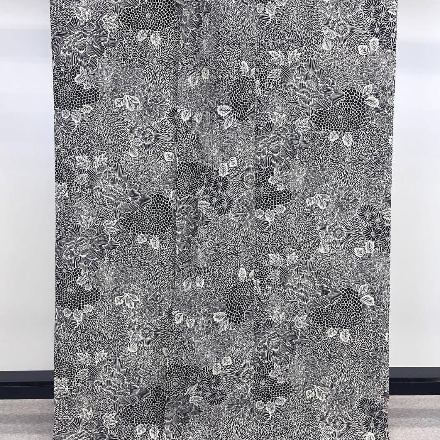 夏着物 小紋 縦絽 型染 牡丹と菊の花模様 モノトーン K-3832（丸帯  