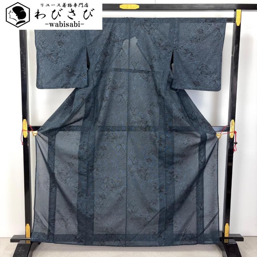 夏着物 紗紬 風景模様 紺鉄色 しつけ糸 K-5976 着物 きもの kimono