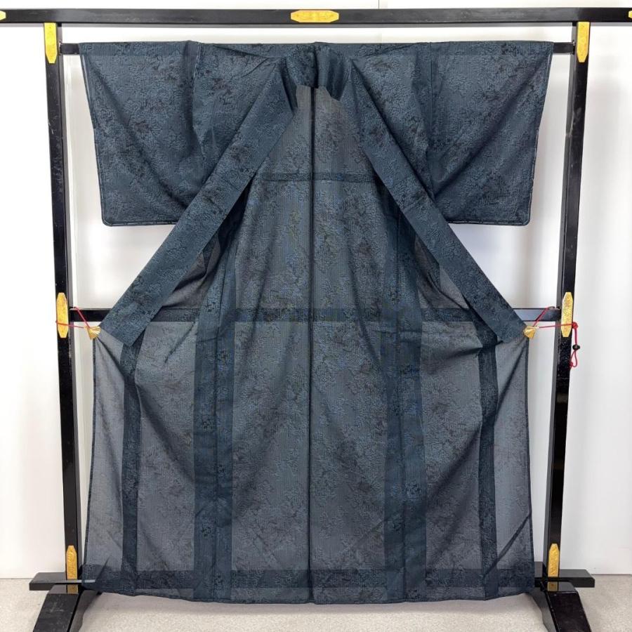 夏着物 紗紬 風景模様 紺鉄色 しつけ糸 K-5976 着物 きもの kimono 