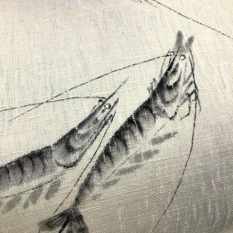 名古屋帯 すくい織 墨手描き 海老柄 薄灰緑色 O-2963