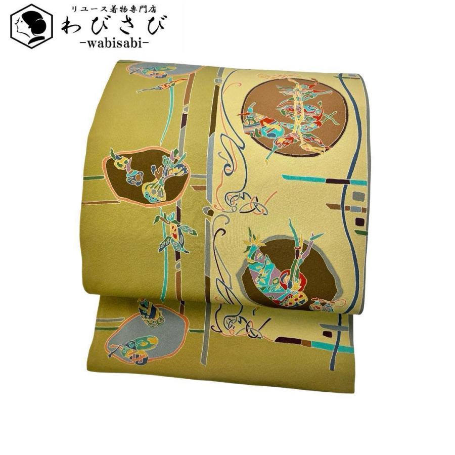 名古屋帯 野菜柄 型染 縮緬 黄草色 枯草色 長尺 O-4087 : o-4087  