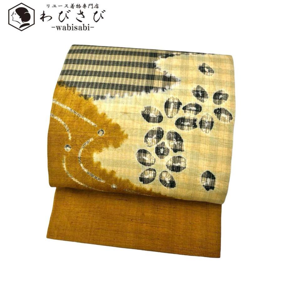 袋帯 西陣 じゅらく 紬 曲線模様 灰緑色 O-4101 