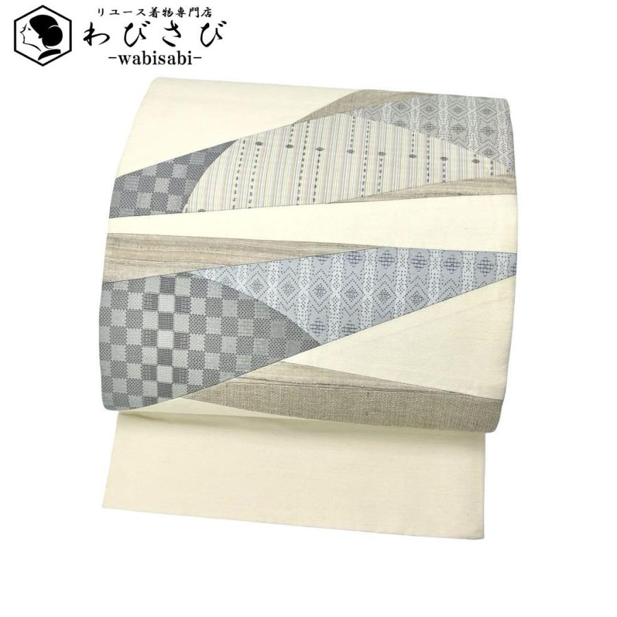 袋帯 紬 切嵌 市松模様 菱模様 鳥の子色 O-4131 : o-4131 : リユース  