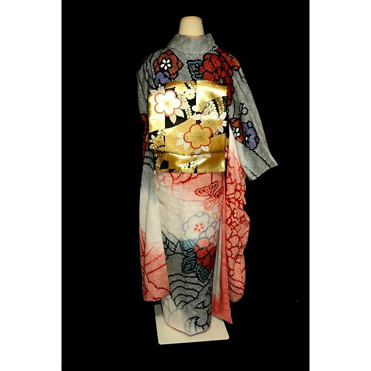 値下げ‼️　中古品　正絹　振袖　高級　紋綸子　総絞り　金駒刺繍入り 値下げ‼️中古品正絹振袖高級紋綸子総絞り金駒刺繍入り