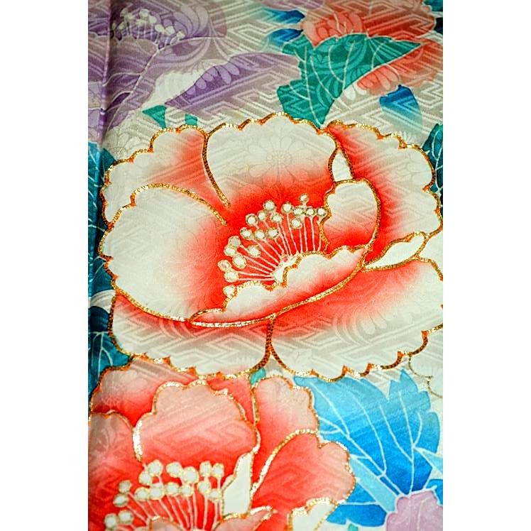 正絹 朱橙地 花籠 金彩 美品