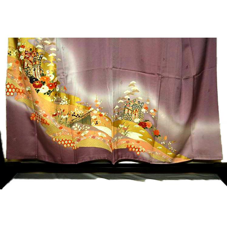 正絹色留袖 金駒金箔 落款 一つ紋 正絹色留袖 金駒金箔