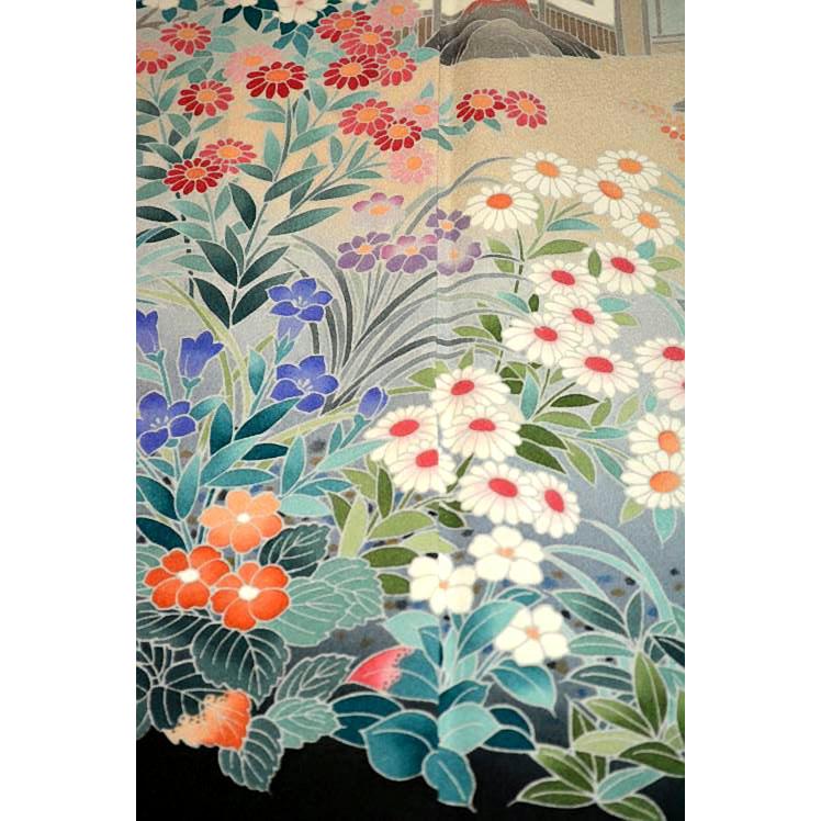 黒留袖 中古 着物 送料無料 最高峰 新品同様 十日町友禅作家・岡村蒼風 暈し染め 風景 花柄 比翼付身丈155.5ｃｍ 裄丈64.5ｃｍ 正絹 結婚式_11