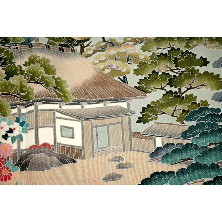 黒留袖 中古 着物 送料無料 最高峰 新品同様 十日町友禅作家・岡村蒼風 暈し染め 風景 花柄 比翼付身丈155.5ｃｍ 裄丈64.5ｃｍ 正絹 結婚式_13